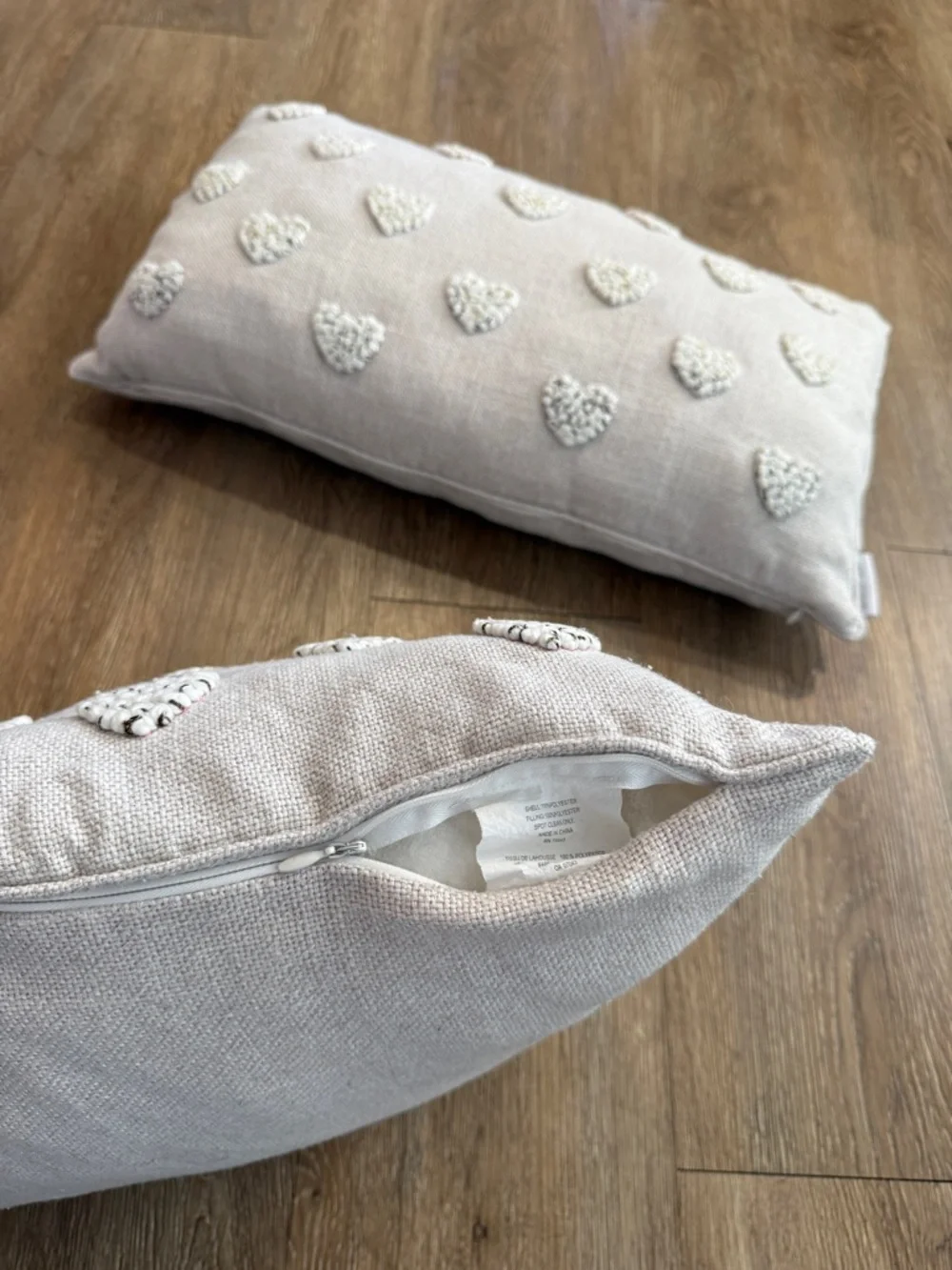 Cupcakes & Cashmere Blush Pink Cream Knitted Embroidered Heart Throw Pillow Pair